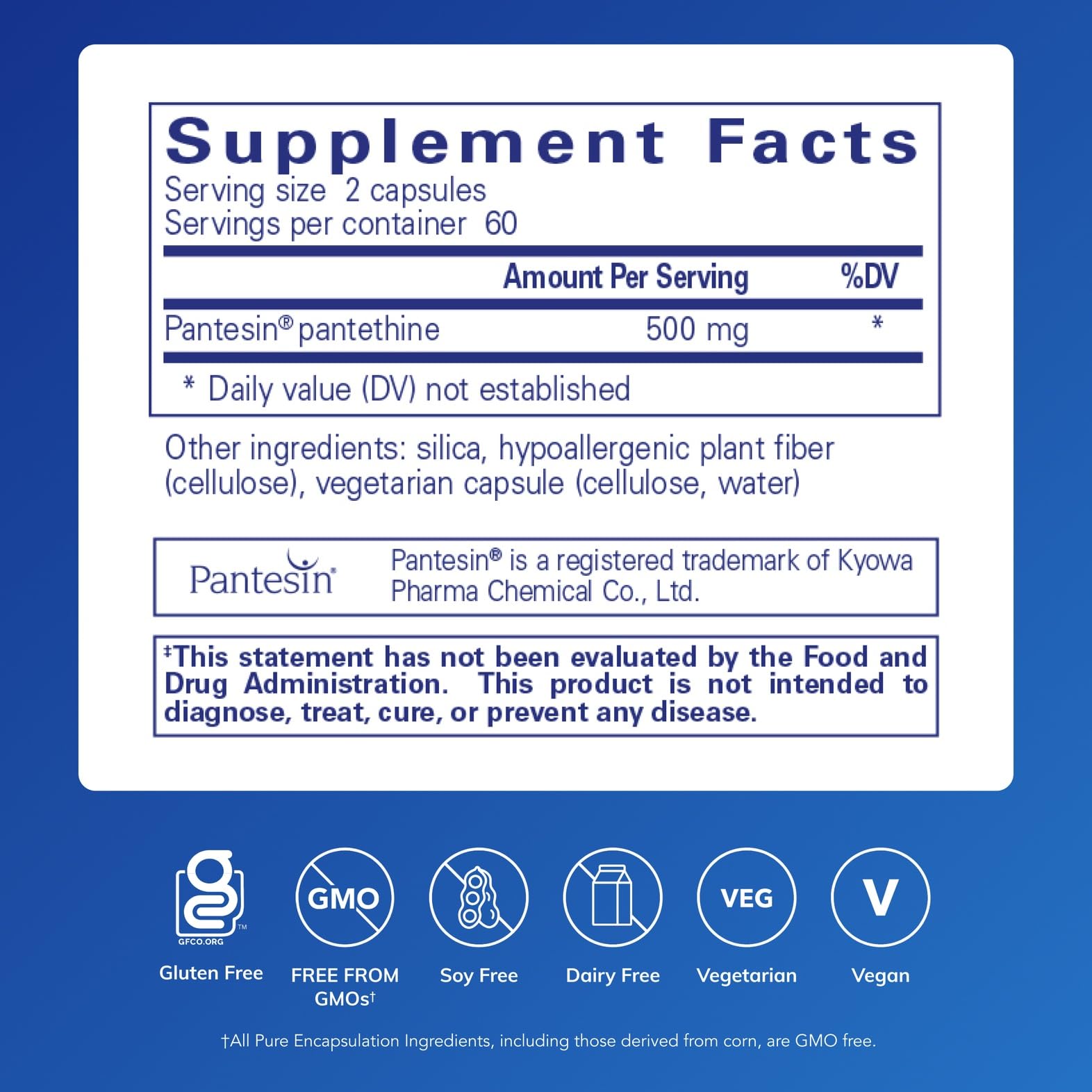 Pure Encapsulations Pantethine supplement bottle label details