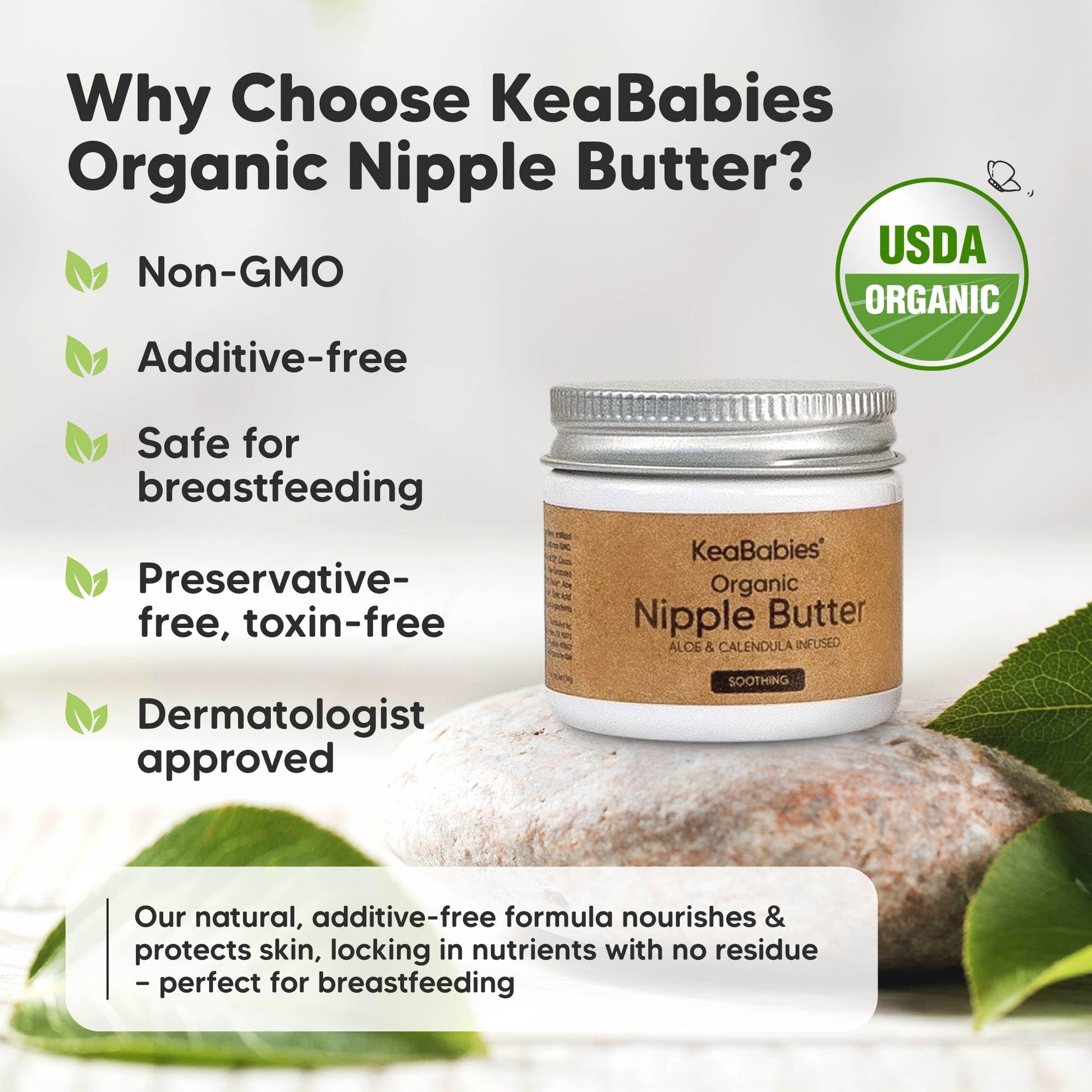 KeaBabies nipple cream jar next to breastfeeding essentials