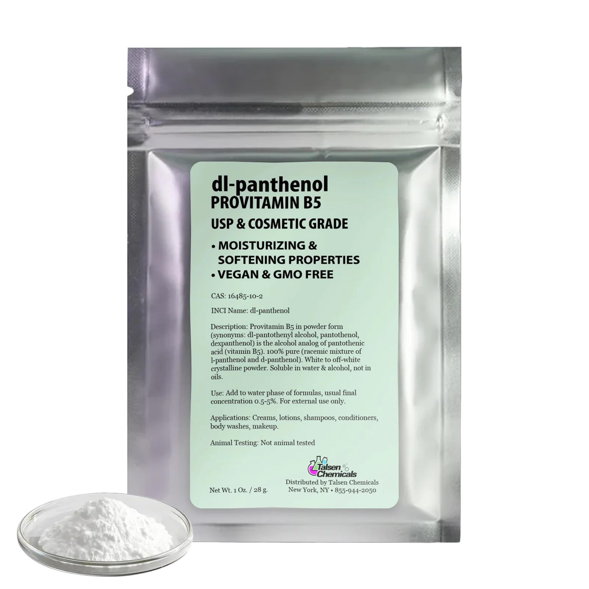 Close up of Talsen Chemicals dl-panthenol powder packaging