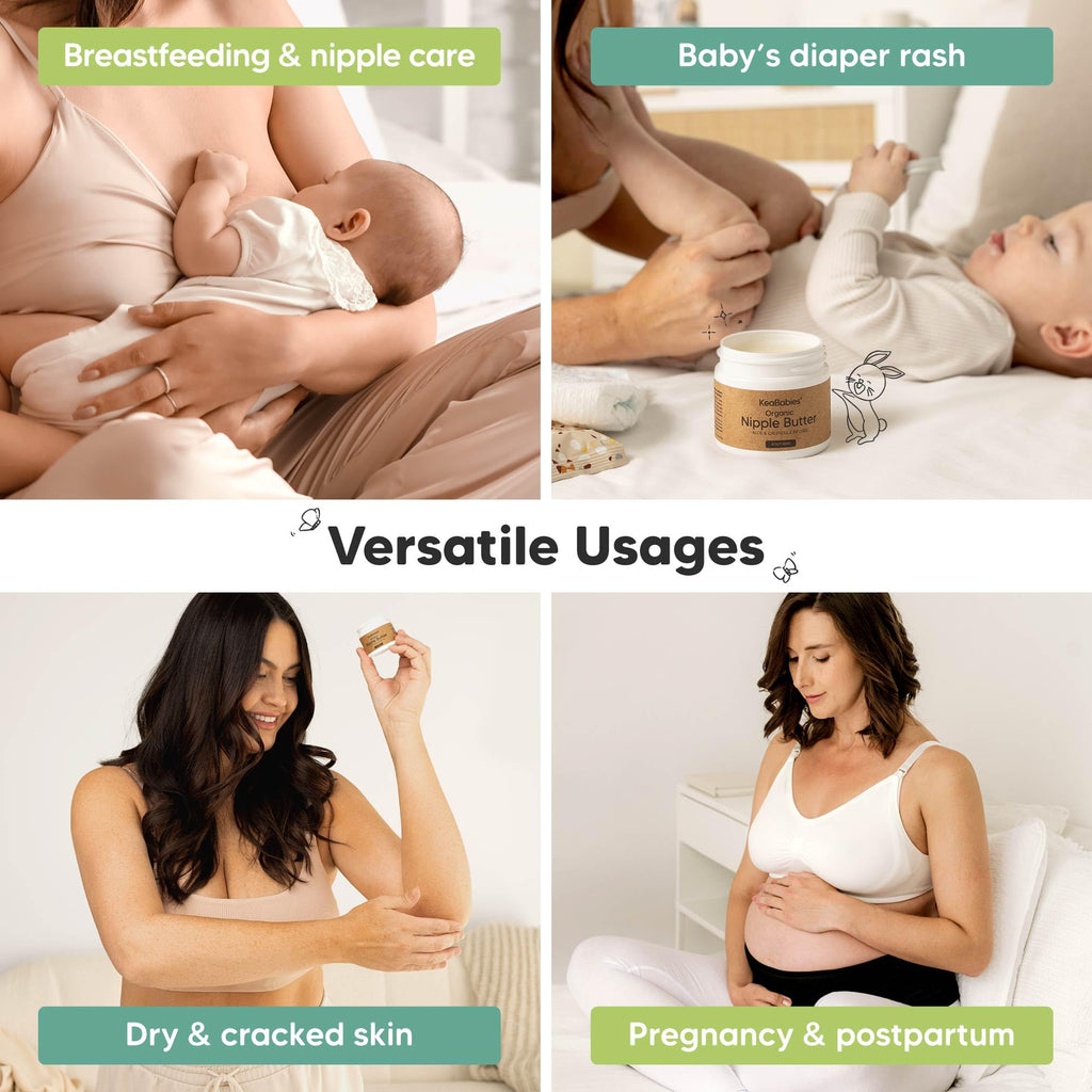 Lifestyle flatlay of KeaBabies postpartum breastfeeding care products