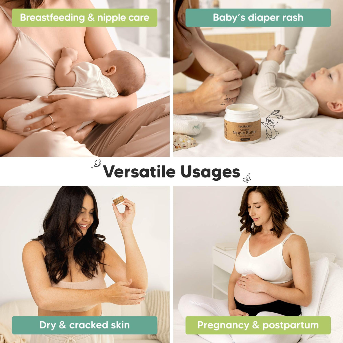 Lifestyle flatlay of KeaBabies postpartum breastfeeding care products