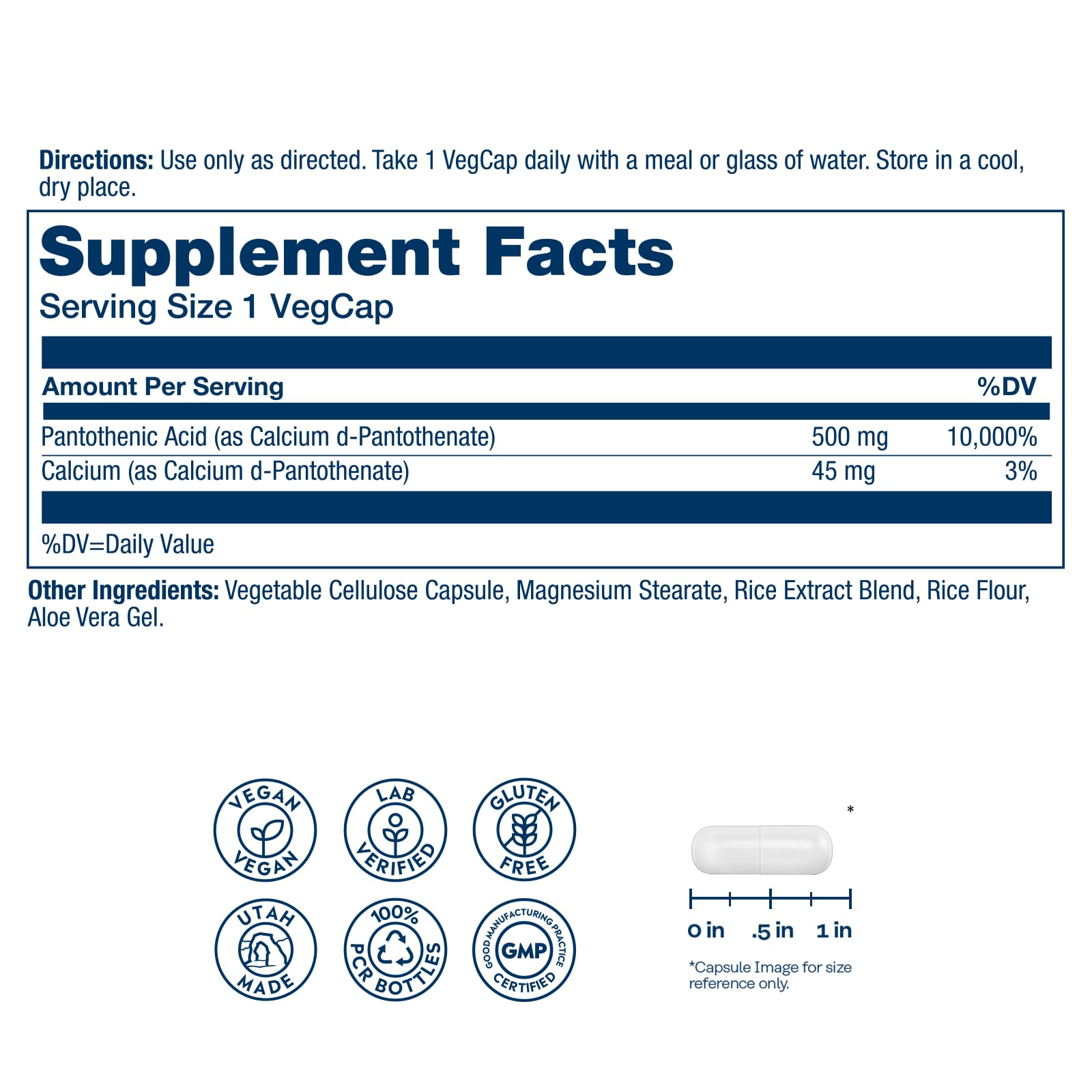 Solaray Vitamin B5 500mg Supplement Label Details