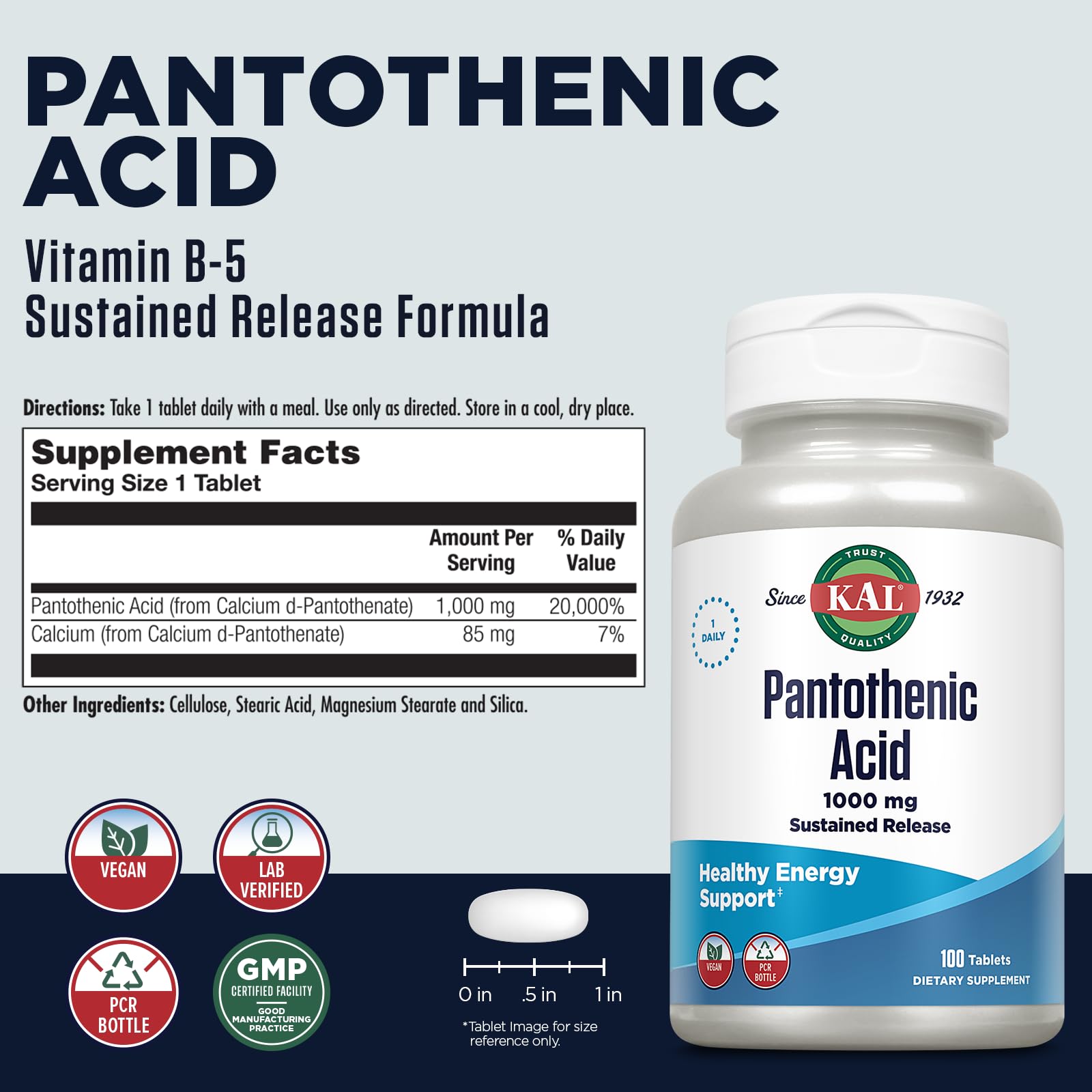 Kal Pantothenic Acid 1000mg supplement facts label