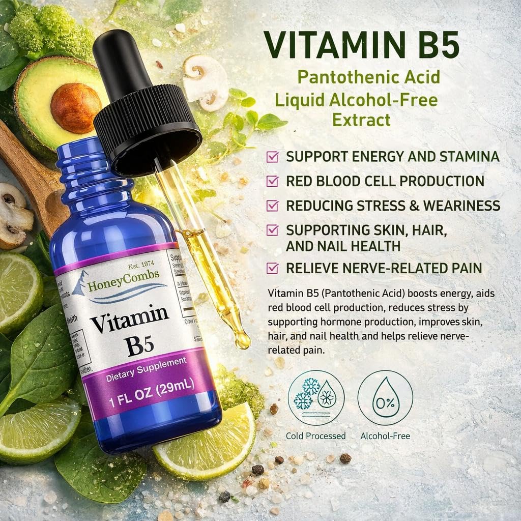 Vegan and alcohol-free liquid B5 supplement bottle