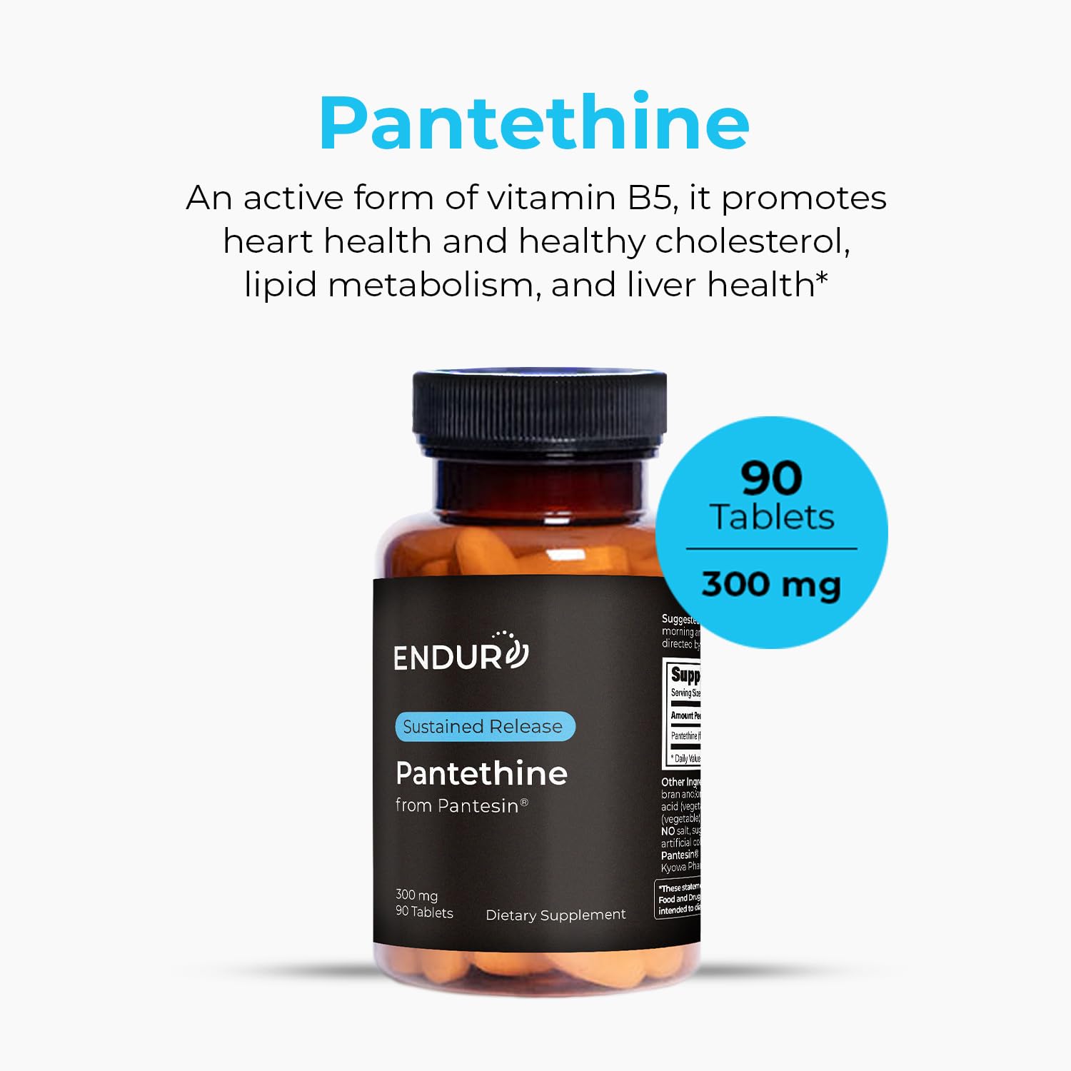 Endurance Products Pantethine 90 tablets bottle side view showcasing sustained release