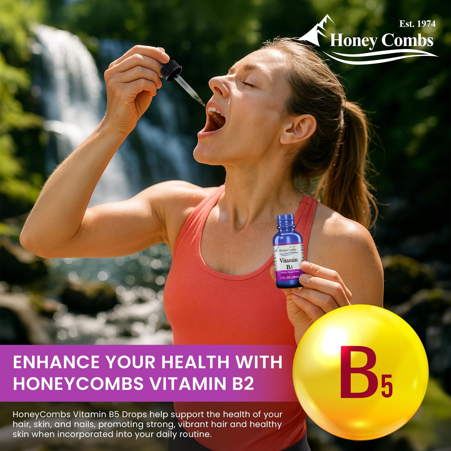 Hand holding HoneyCombs Vitamin B5 liquid supplement