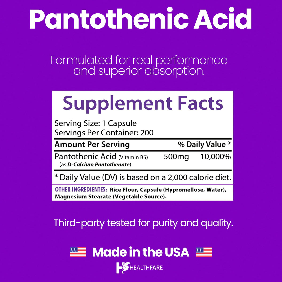 Back label of Healthfare Pantothenic Acid showing ingredient details