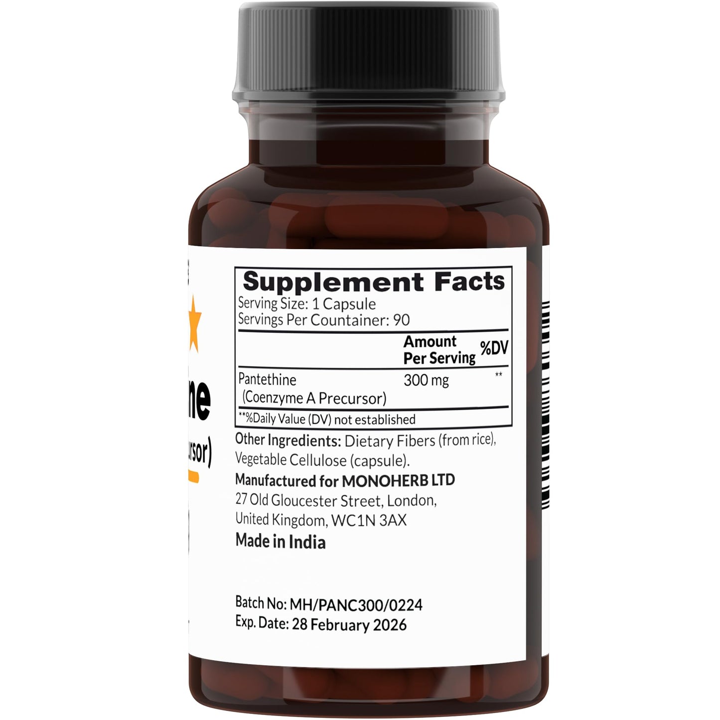 Monoherb Pantethine dietary supplement bottle label details