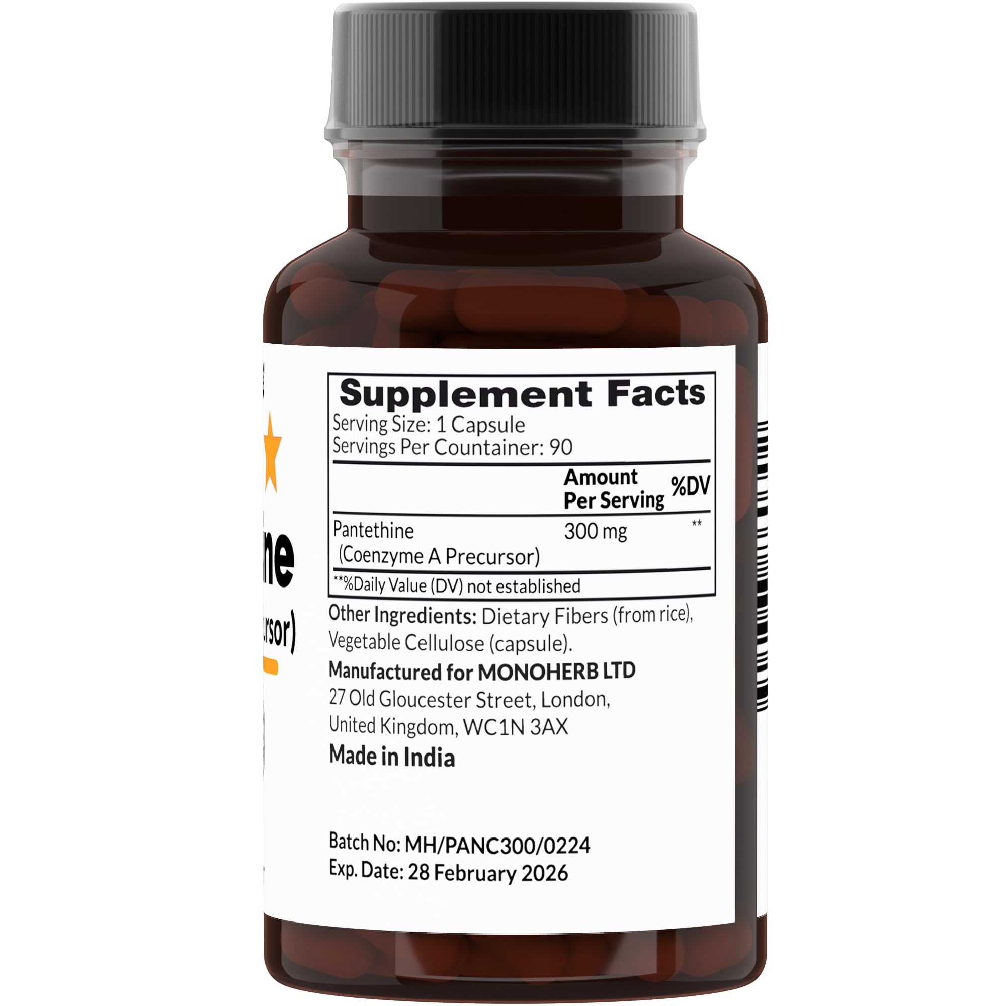 Monoherb Pantethine dietary supplement bottle label details