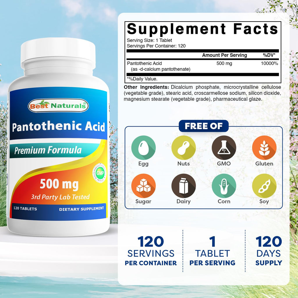 Best Naturals Pantothenic Acid 500mg bottle label detail