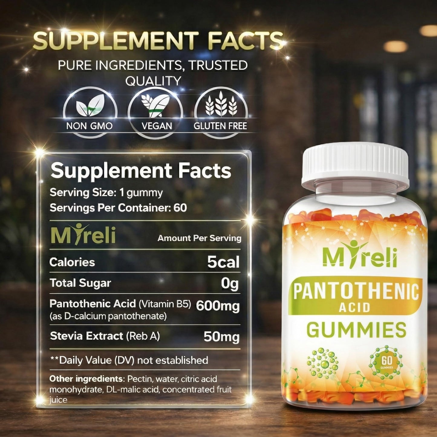 Close up of Myreli vegetarian Vitamin B5 chewable gummies