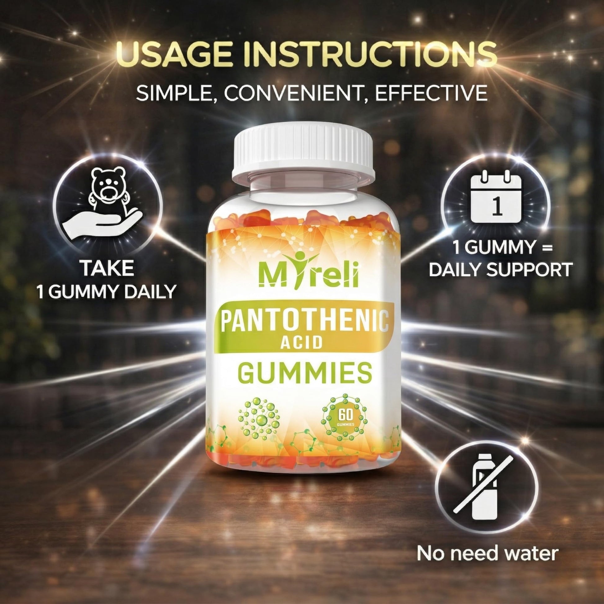 Myreli Vitamin B5 gummy bottle showing non-GMO certification