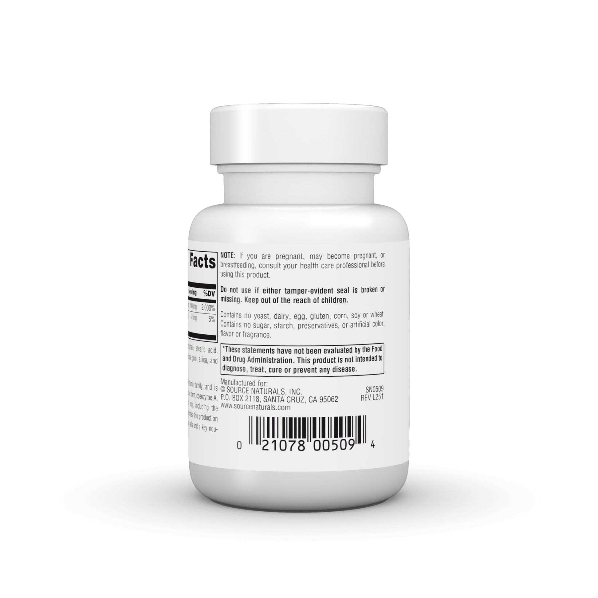 Back label of Source Naturals Pantothenic Acid showing ingredients
