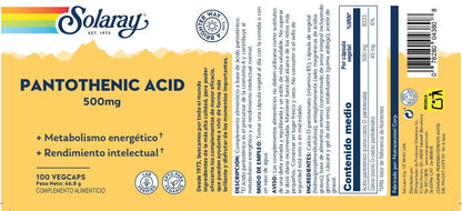 Solaray Pantothenic Acid metabolic support supplement bottle