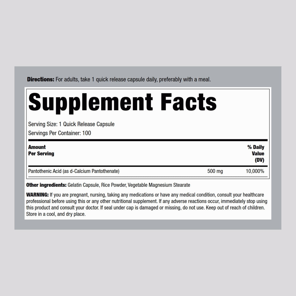 Piping Rock Vitamin B5 500mg supplement label details