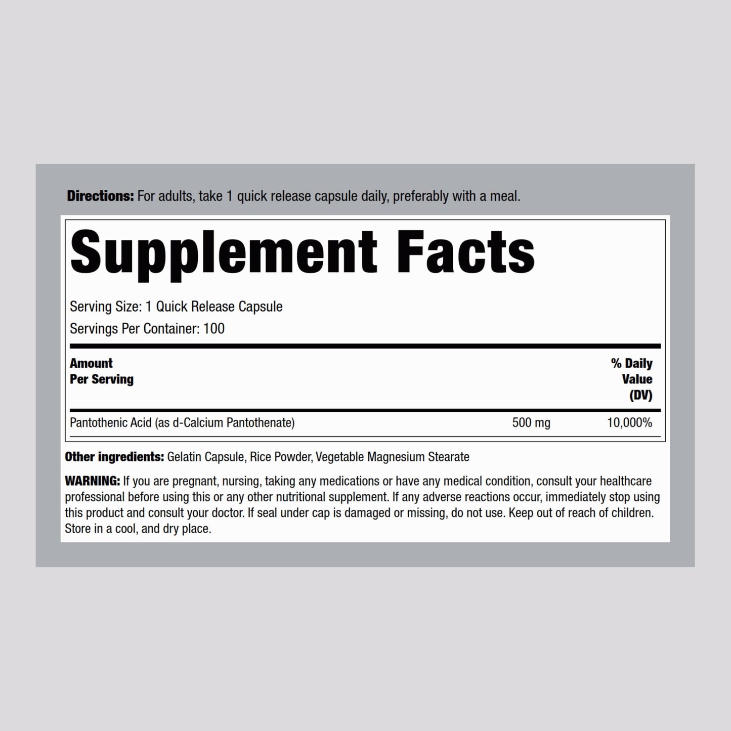 Piping Rock Vitamin B5 500mg supplement label details