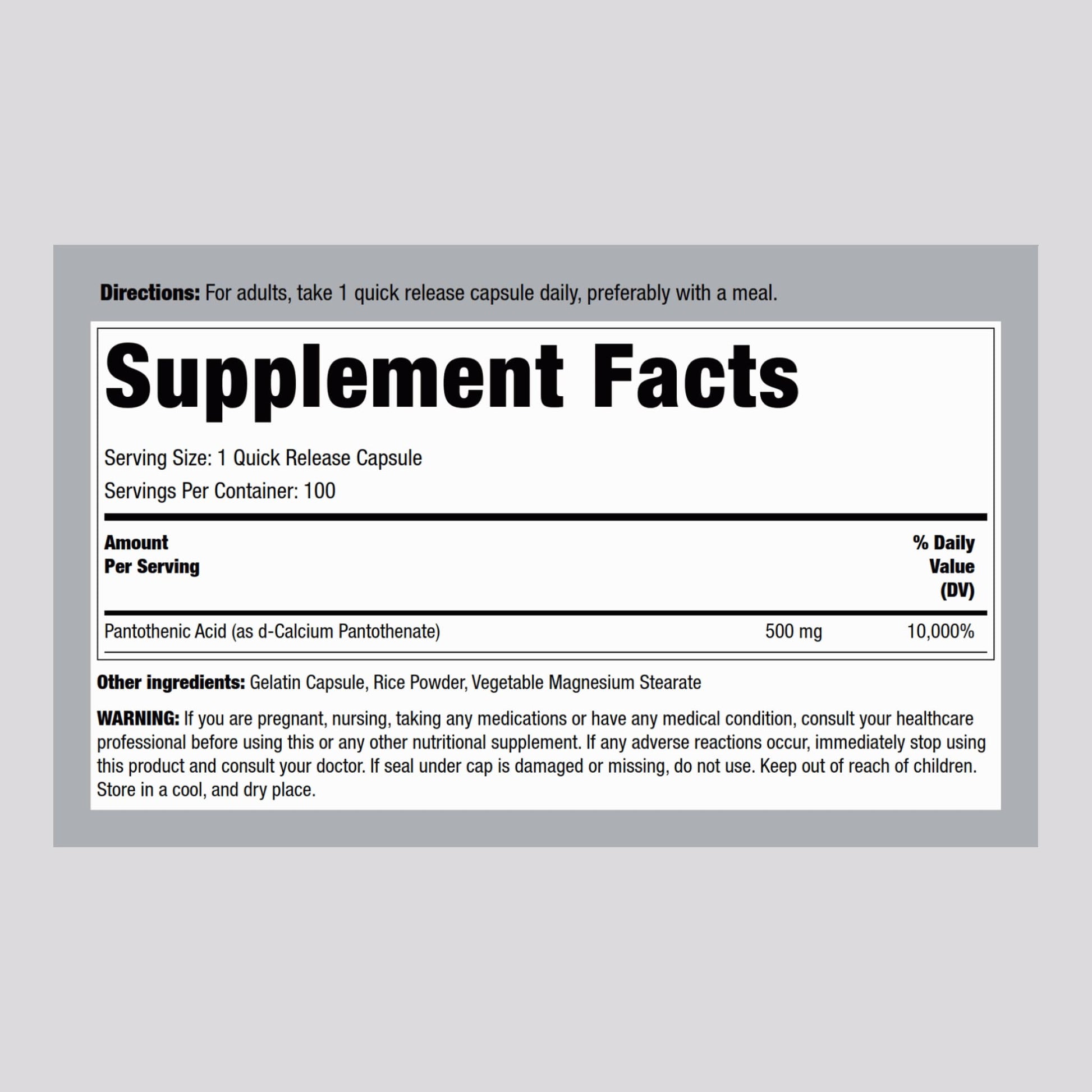 Piping Rock Vitamin B5 500mg supplement label details