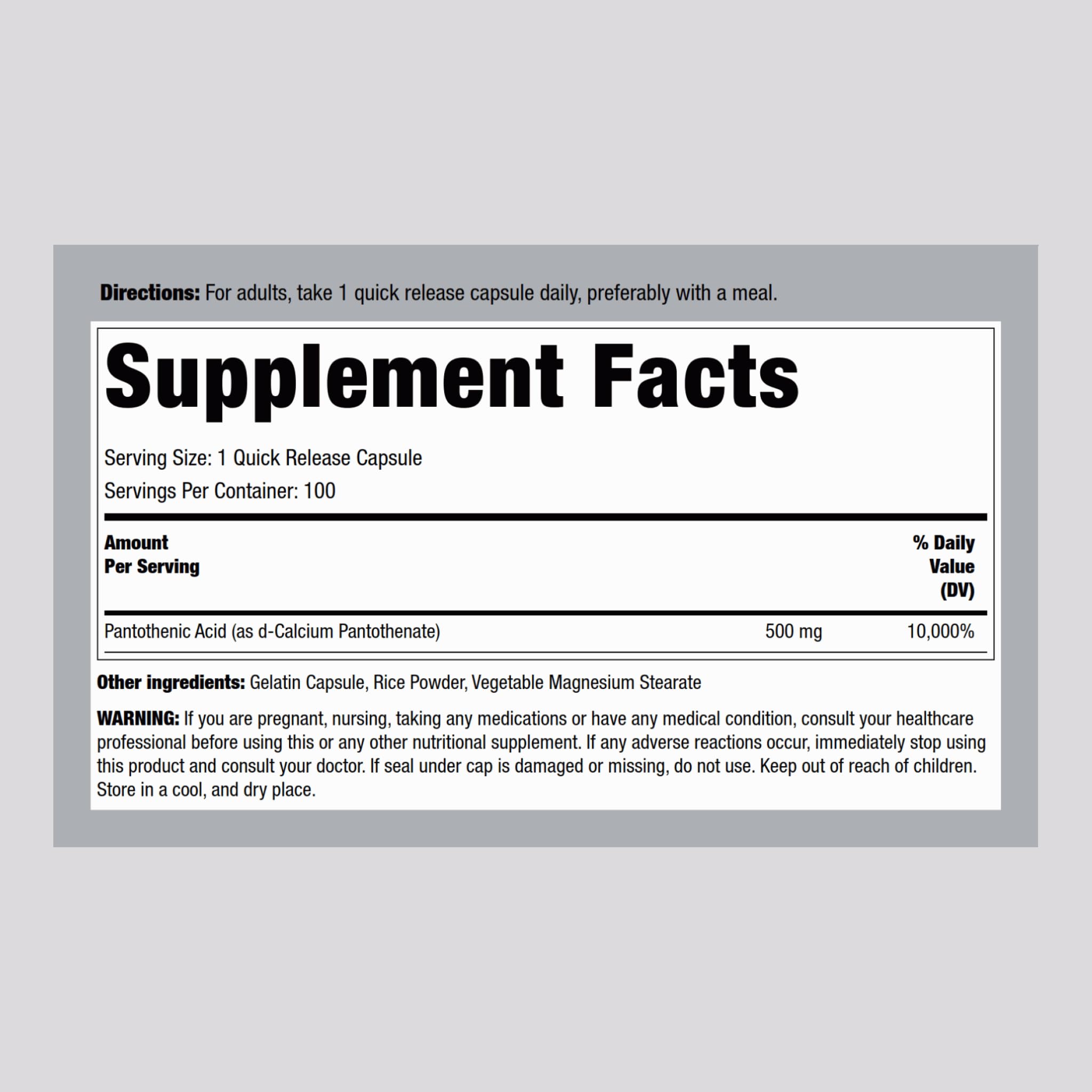Piping Rock Vitamin B5 500mg supplement label details