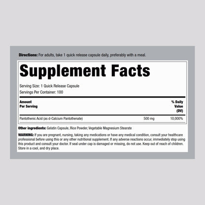 Piping Rock Vitamin B5 500mg supplement label details