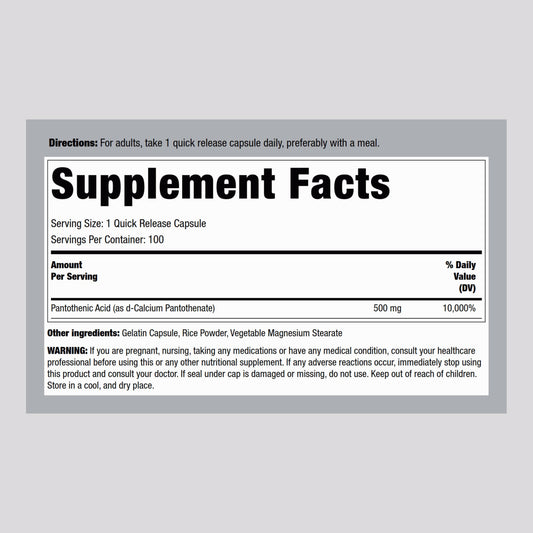 Piping Rock Vitamin B5 500mg supplement label details