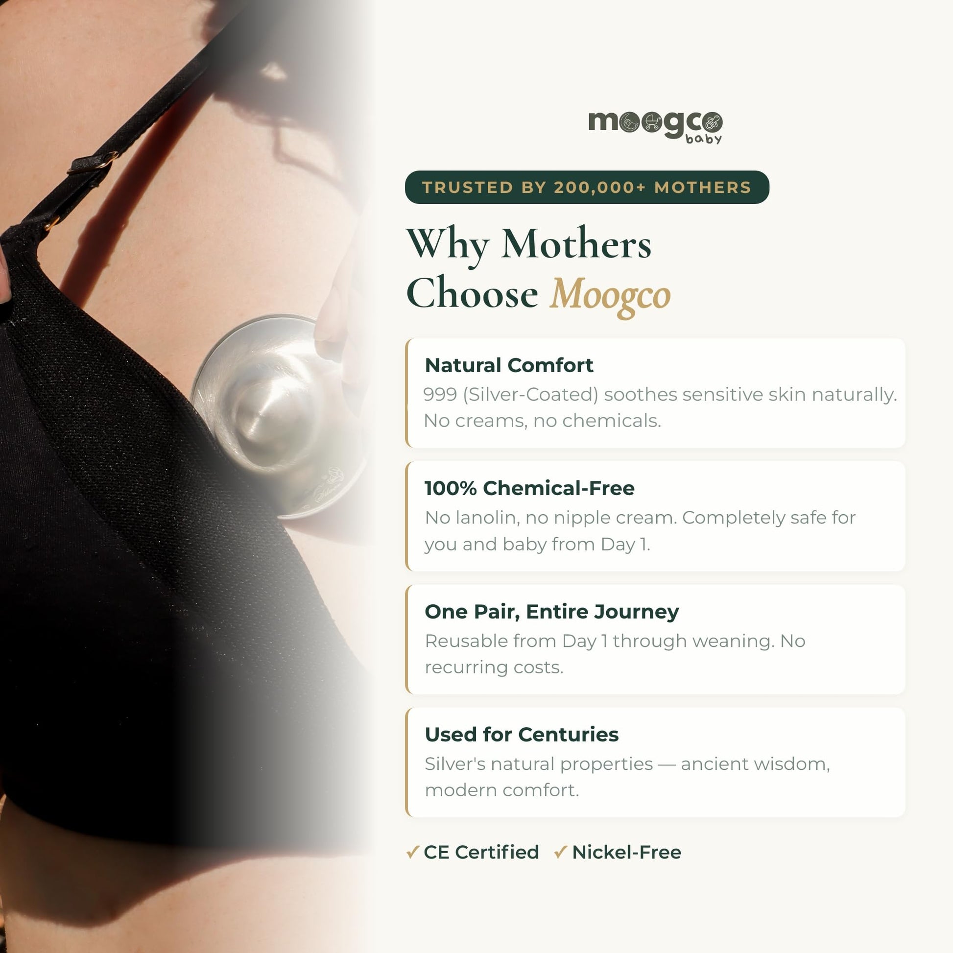 Breastfeeding mom using Moogco silver nursing cups