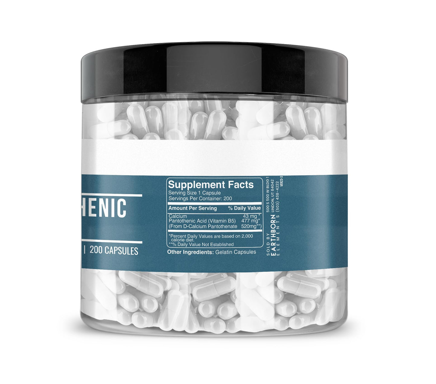 Close up of Earthborn Elements Vitamin B5 capsules packaging
