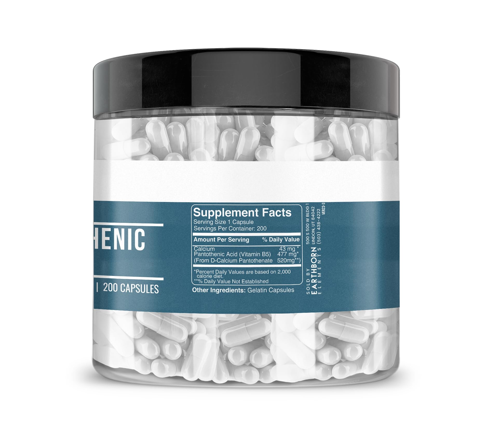 Close up of Earthborn Elements Vitamin B5 capsules packaging