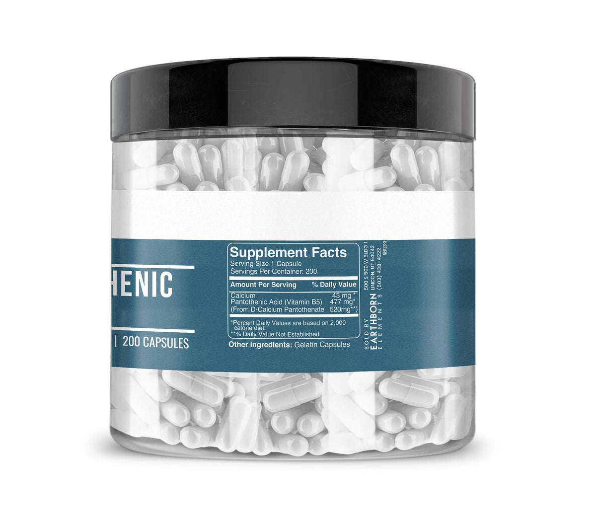 Close up of Earthborn Elements Vitamin B5 capsules packaging