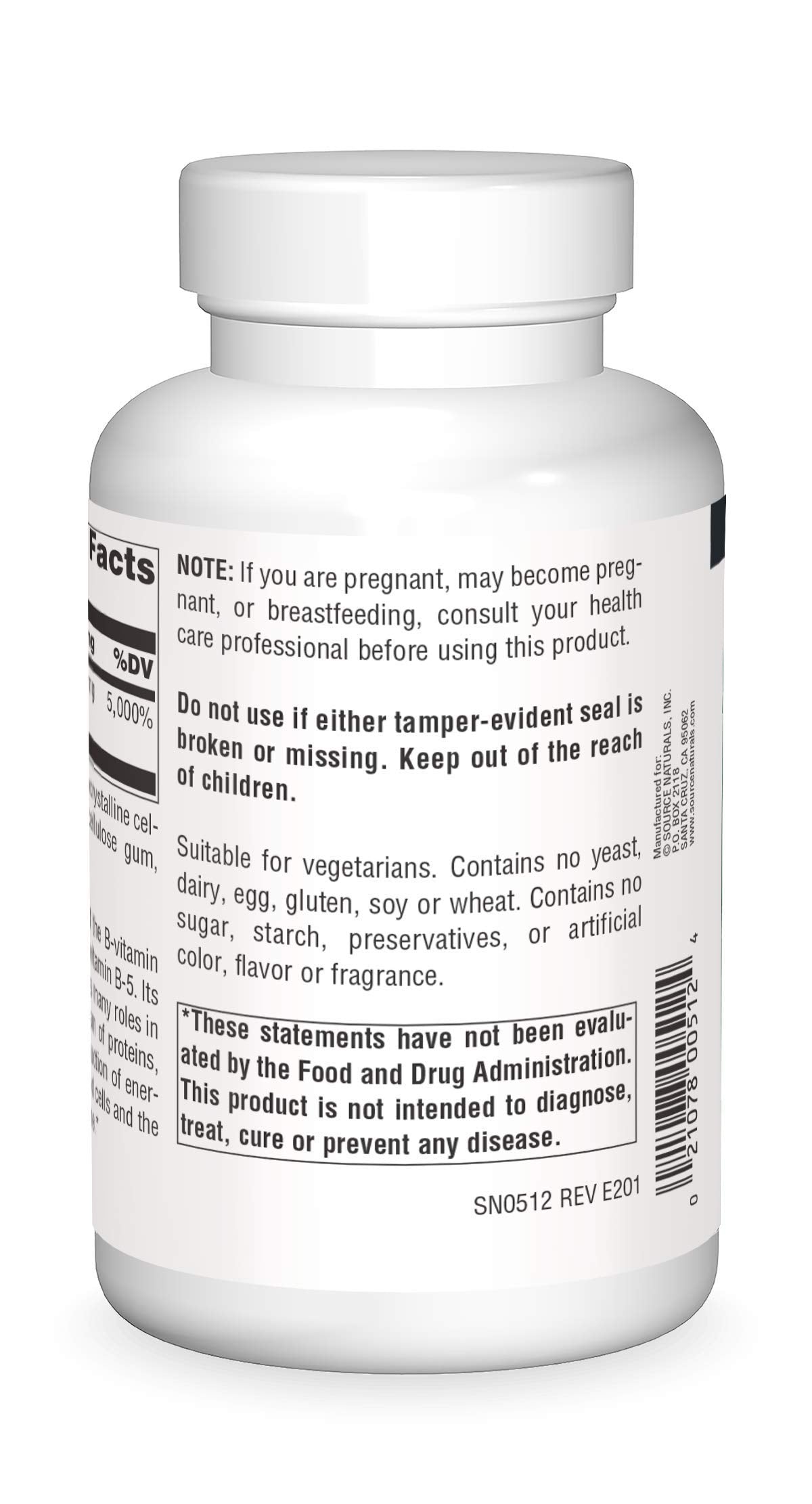 Source Naturals Vitamin B5 supplement bottle label detail