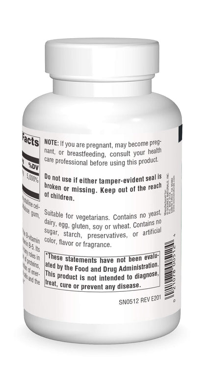 Source Naturals Vitamin B5 supplement bottle label detail