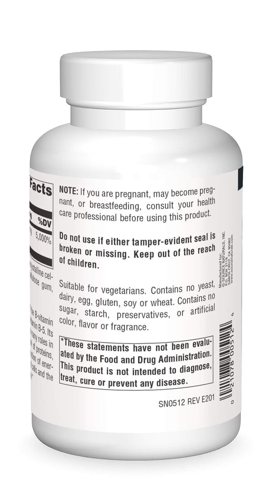 Source Naturals Vitamin B5 supplement bottle label detail