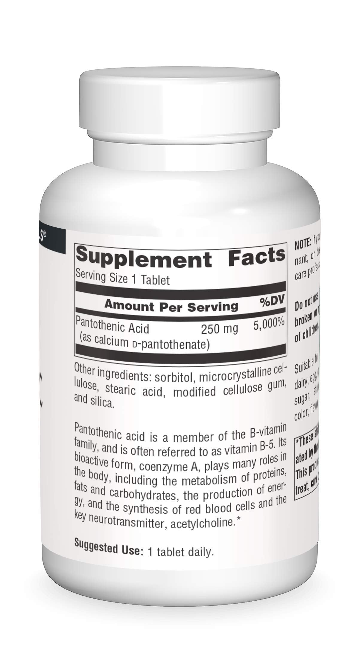Back of Source Naturals Pantothenic Acid bottle with ingredients