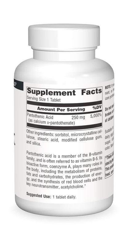 Back of Source Naturals Pantothenic Acid bottle with ingredients