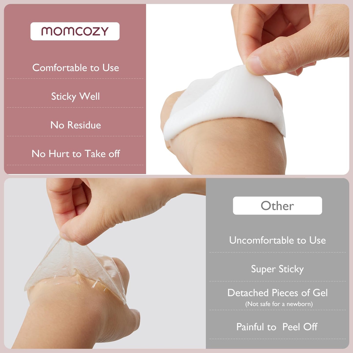 Mother using Momcozy soothing gel pads for breastfeeding relief