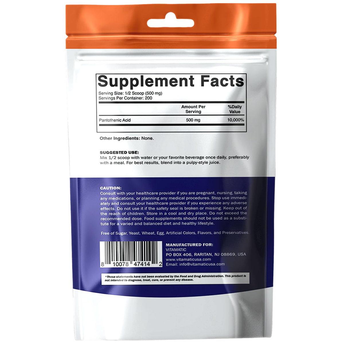 Vitamatic Vitamin B5 powder bottle with USA quality seal