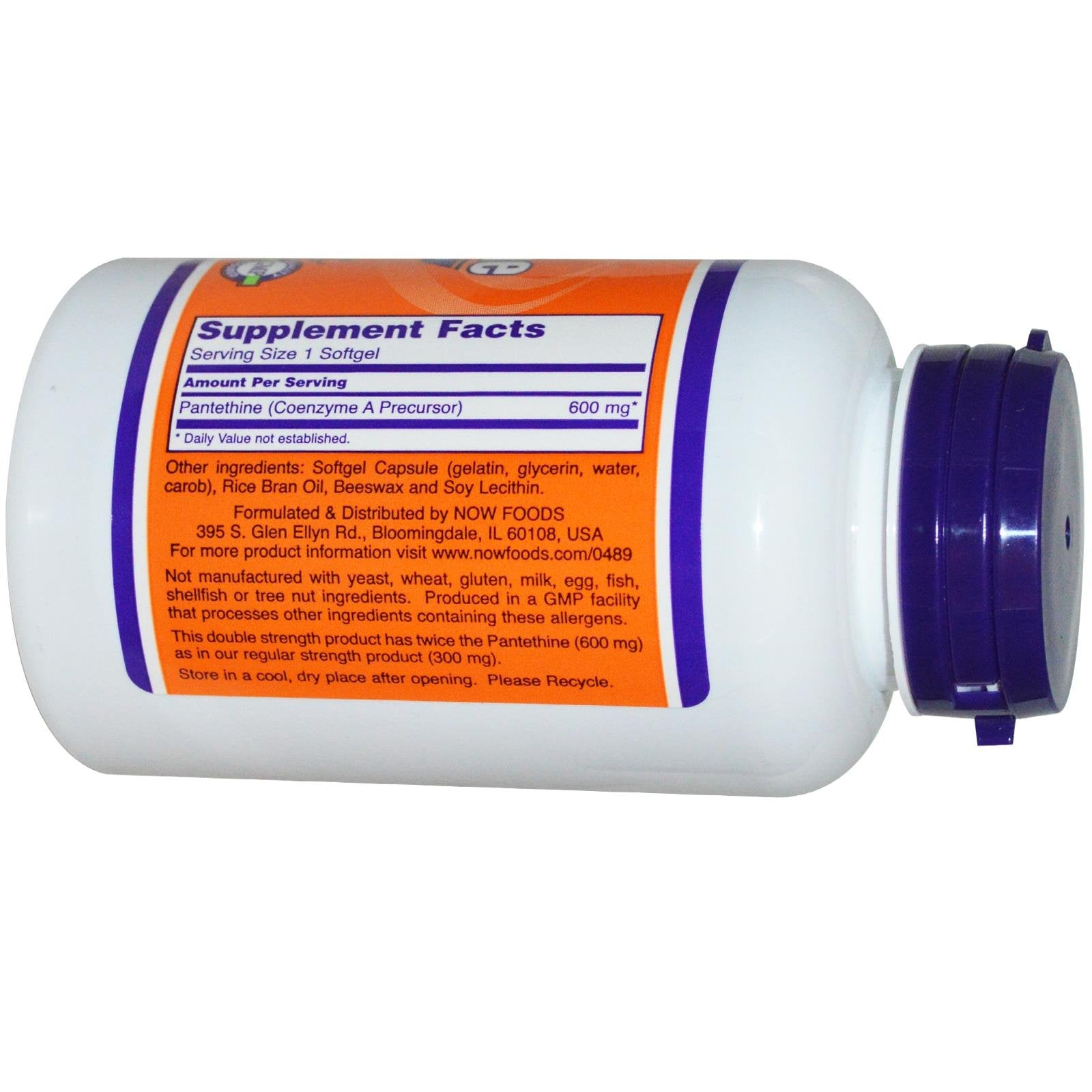 Now Foods Double Strength Pantethine 600mg softgels label details