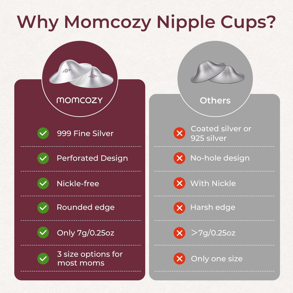 Momcozy silver nursing cups showing ergonomic curved shape