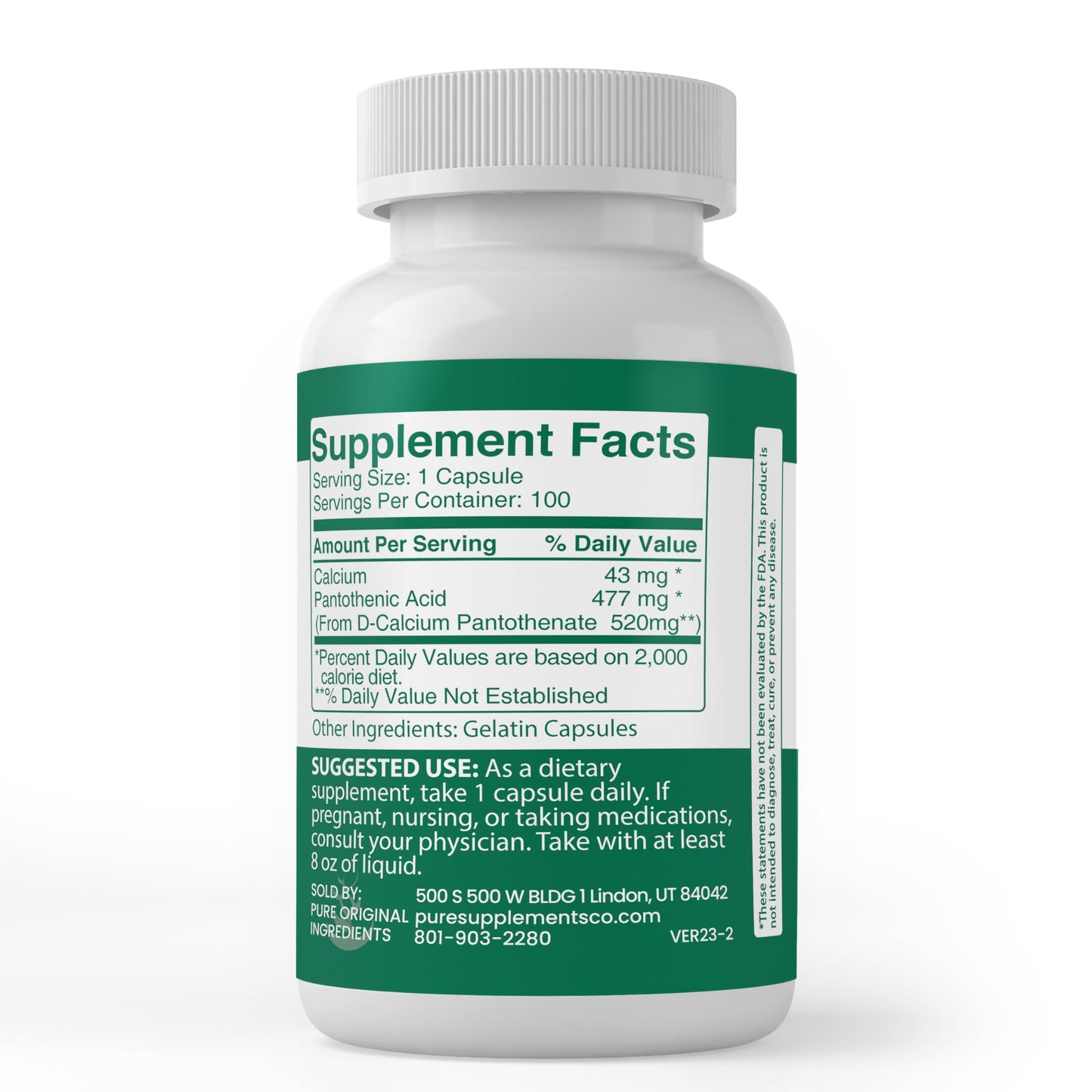 Side view of Pure Original Ingredients Pantothenic Acid capsule bottle