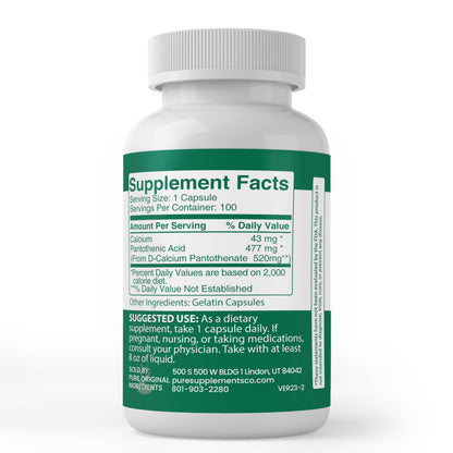 Side view of Pure Original Ingredients Pantothenic Acid capsule bottle