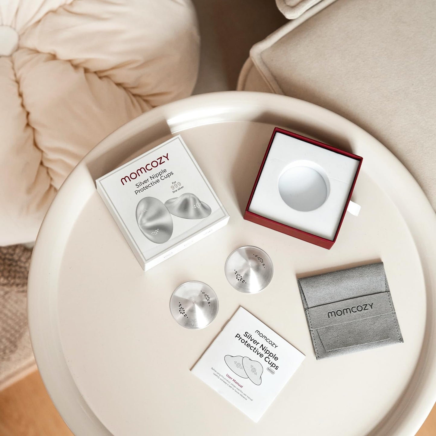 Momcozy 999 Silver Nursing Cups packaging for authentic import