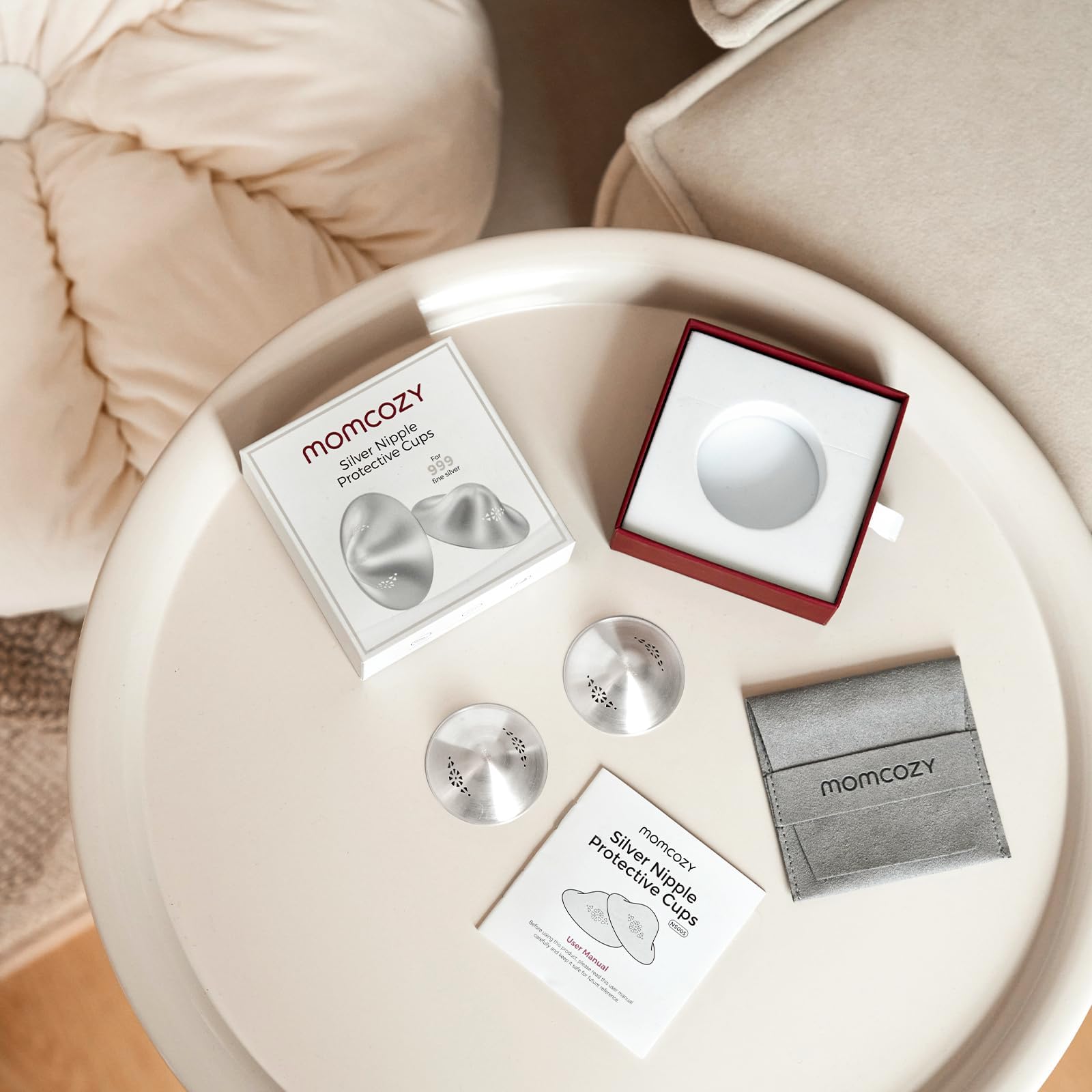 Momcozy 999 Silver Nursing Cups packaging for authentic import