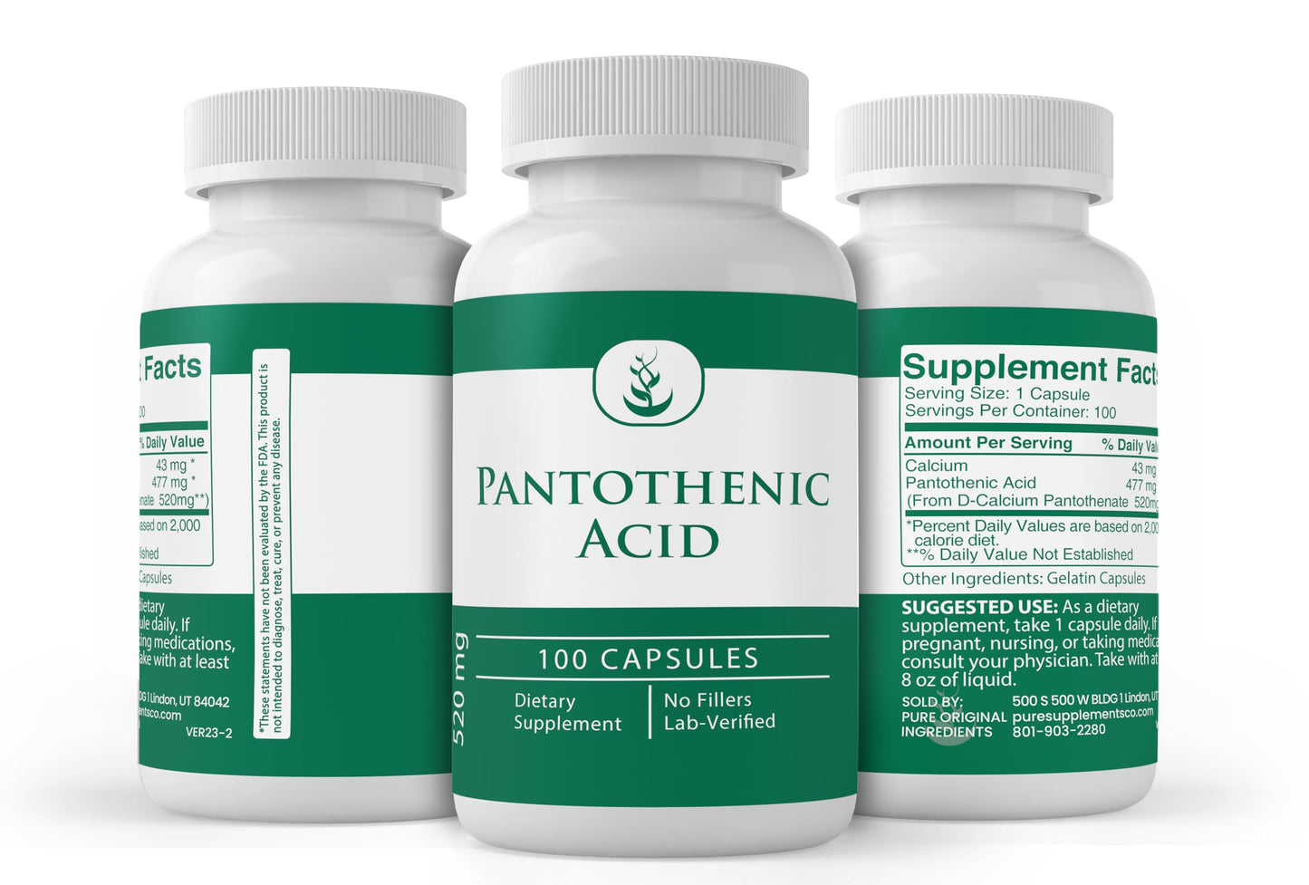 Supplement facts label on Pure Original Ingredients Vitamin B5 bottle
