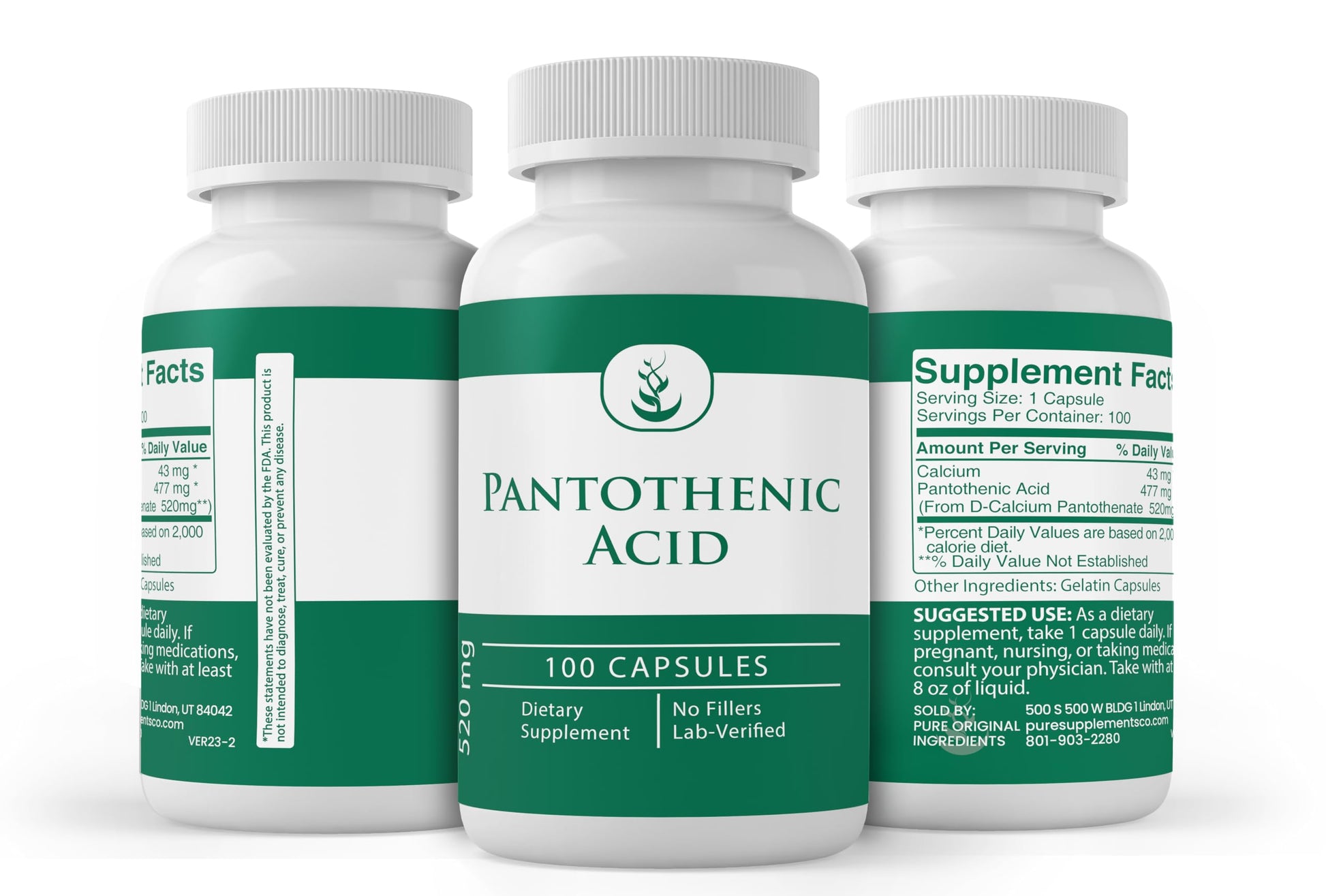 Supplement facts label on Pure Original Ingredients Vitamin B5 bottle