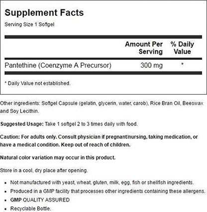 Now Foods Pantethine 300mg supplement bottle label details