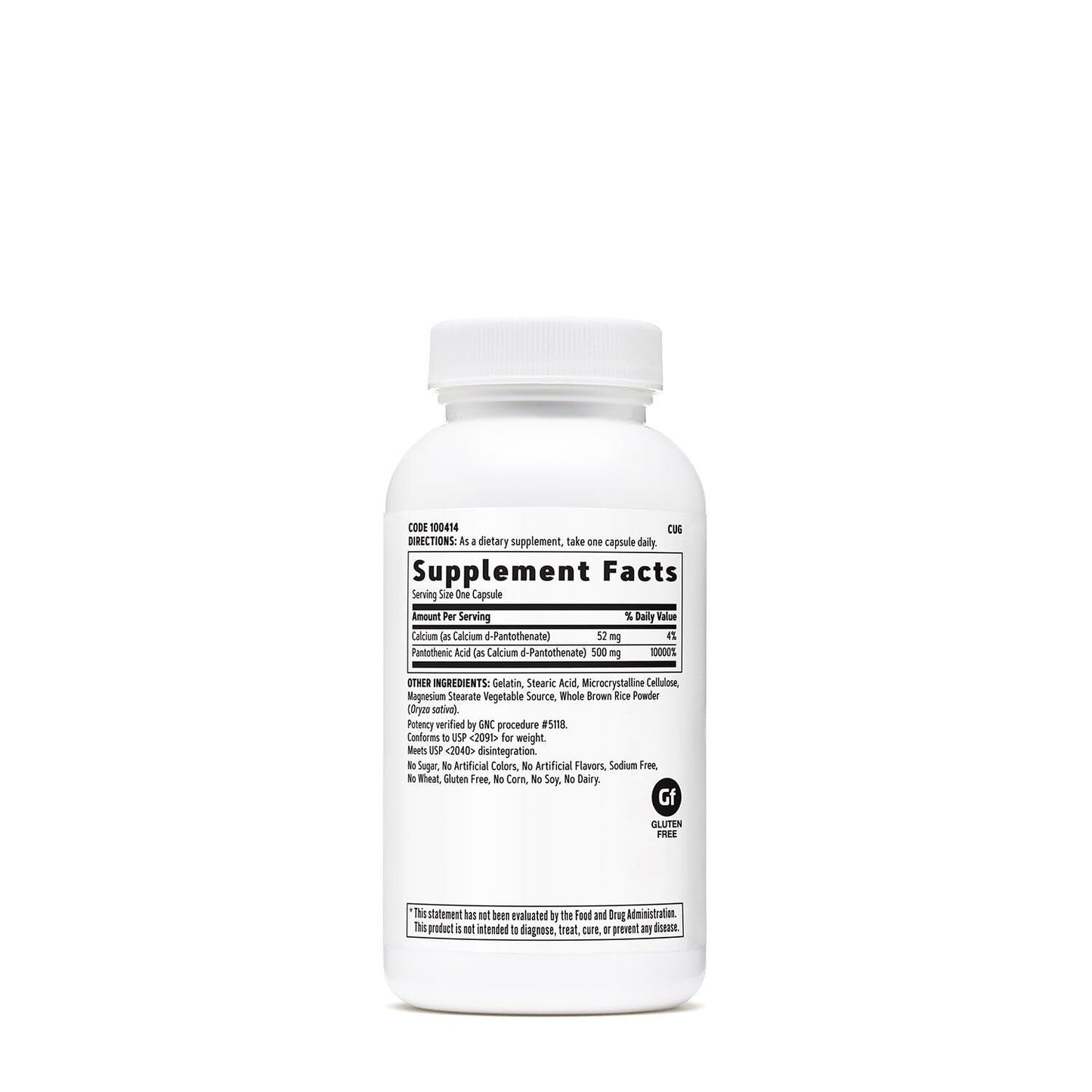 GNC Pantothenic Acid 100 capsules supplement facts label