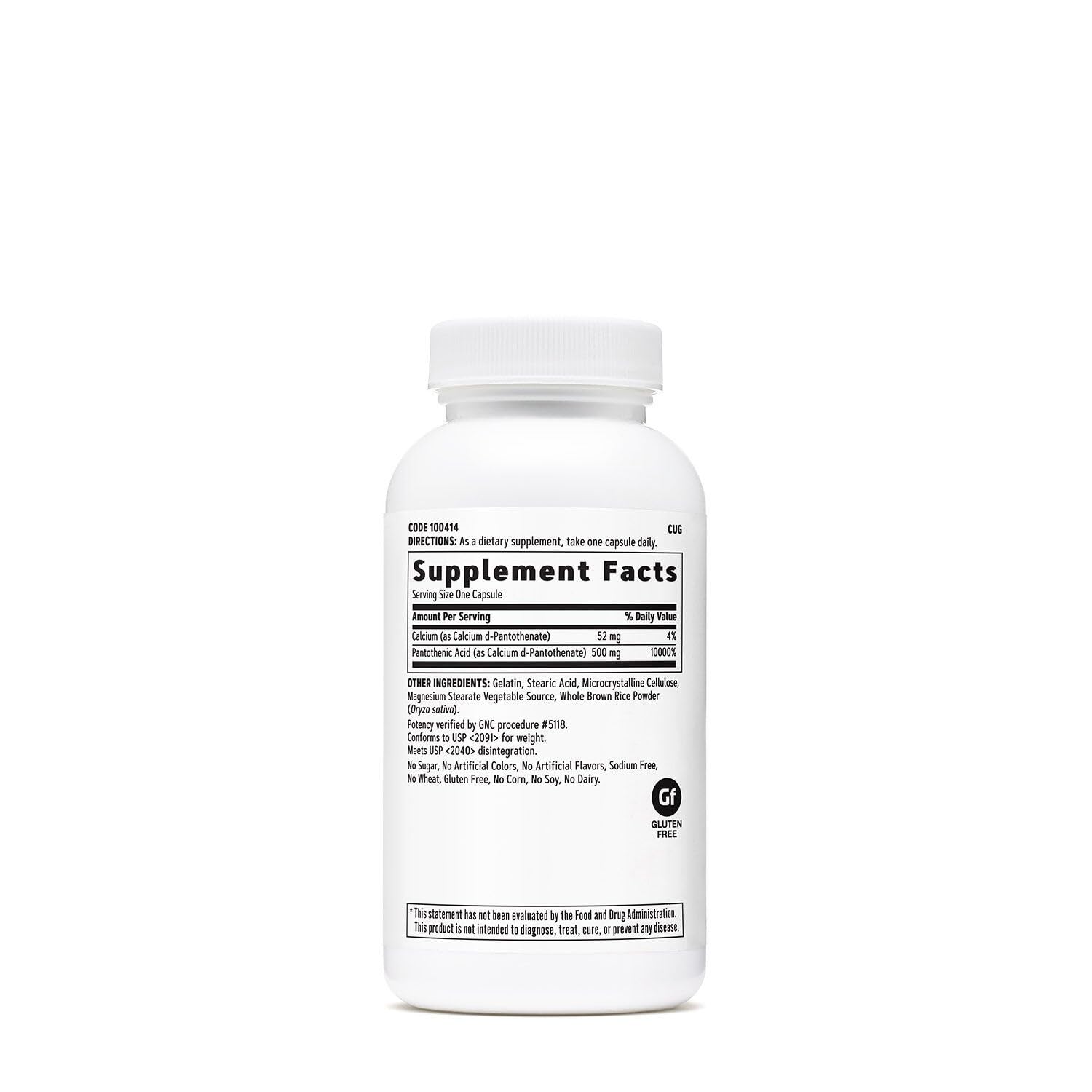 GNC Pantothenic Acid 100 capsules supplement facts label