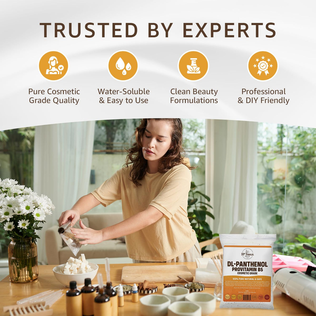 Educational shot of Provitamin B5 powder for skin care