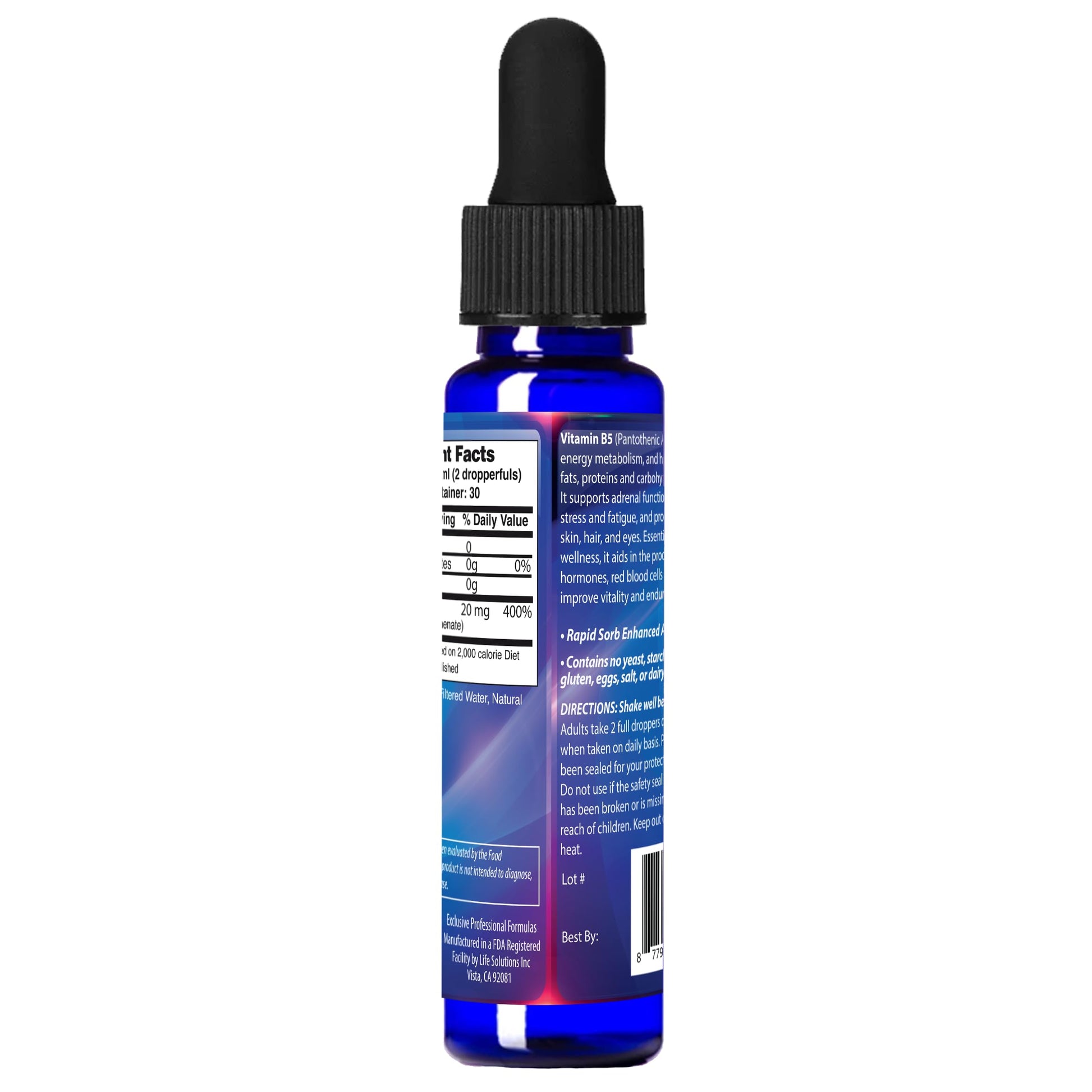 Liquid Vitamin B5 supplement bottle with nutrition facts visible