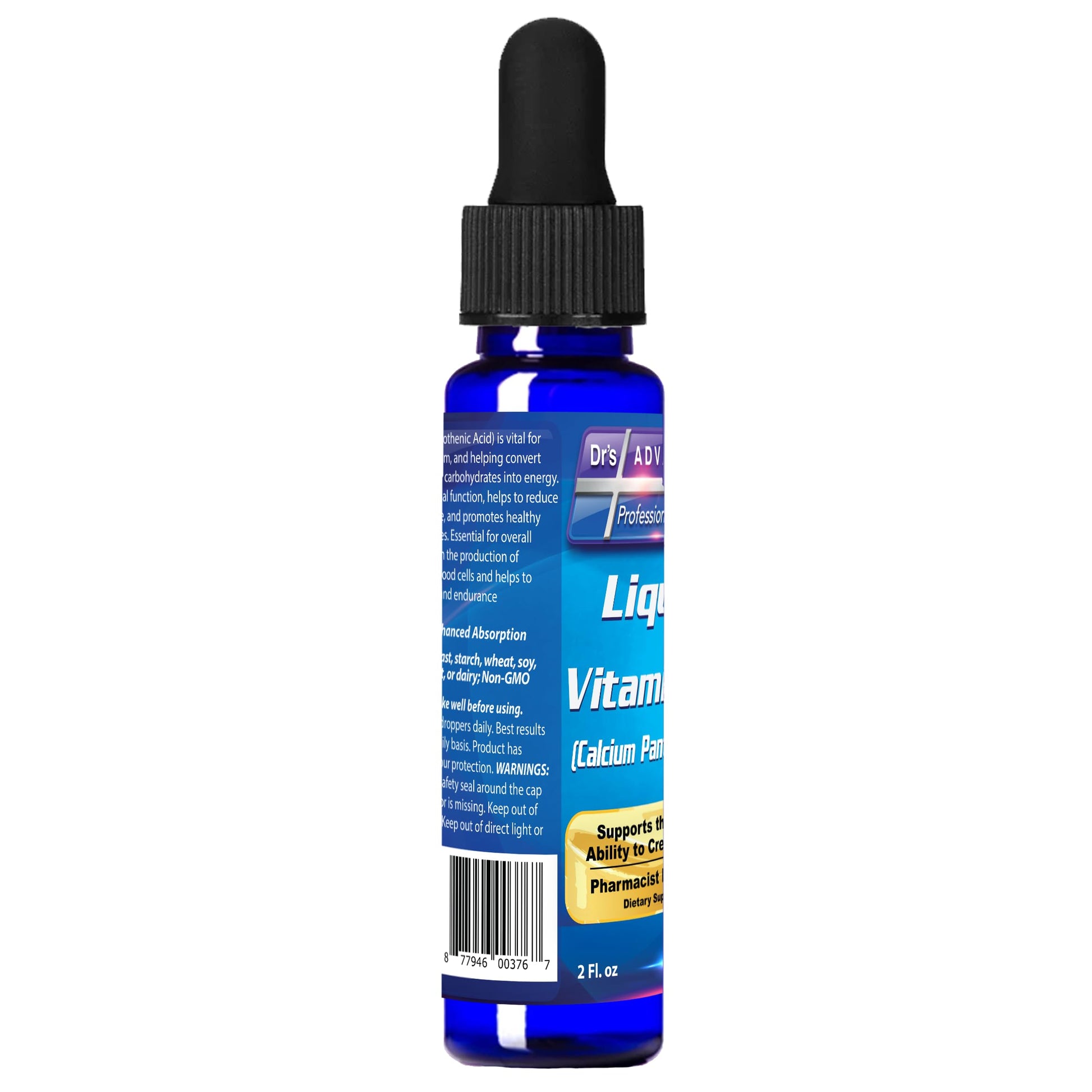 Side view of Dr's Advantage Pantothenic Acid 2 fluid ounce bottle