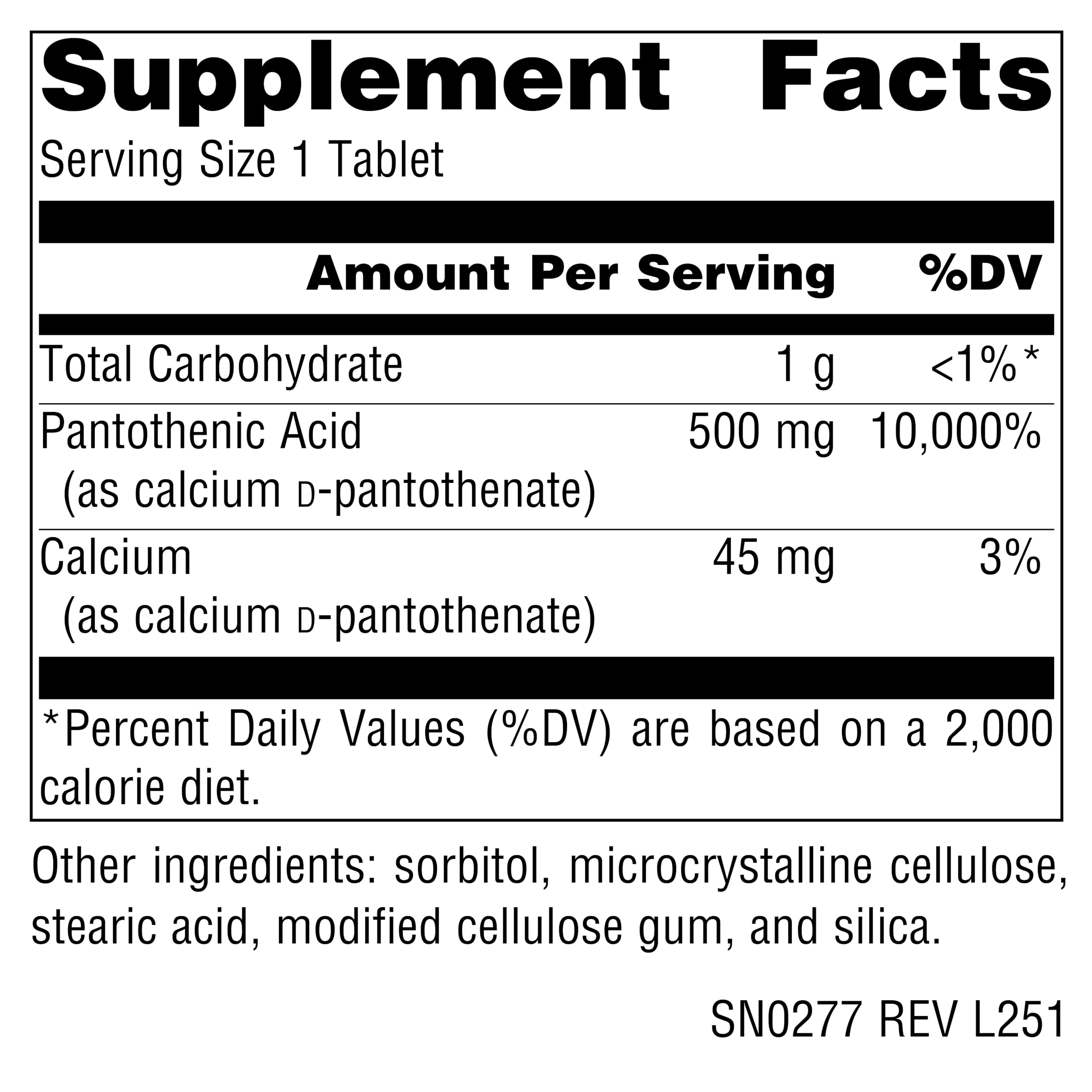 Source Naturals Vitamin B5 supplement label details